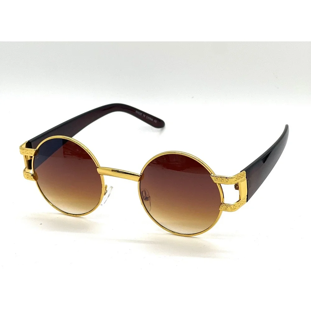 Round Sunglasses Gold Frame Brown Lens Greek Key Accents Men Hip Hop Street Wear